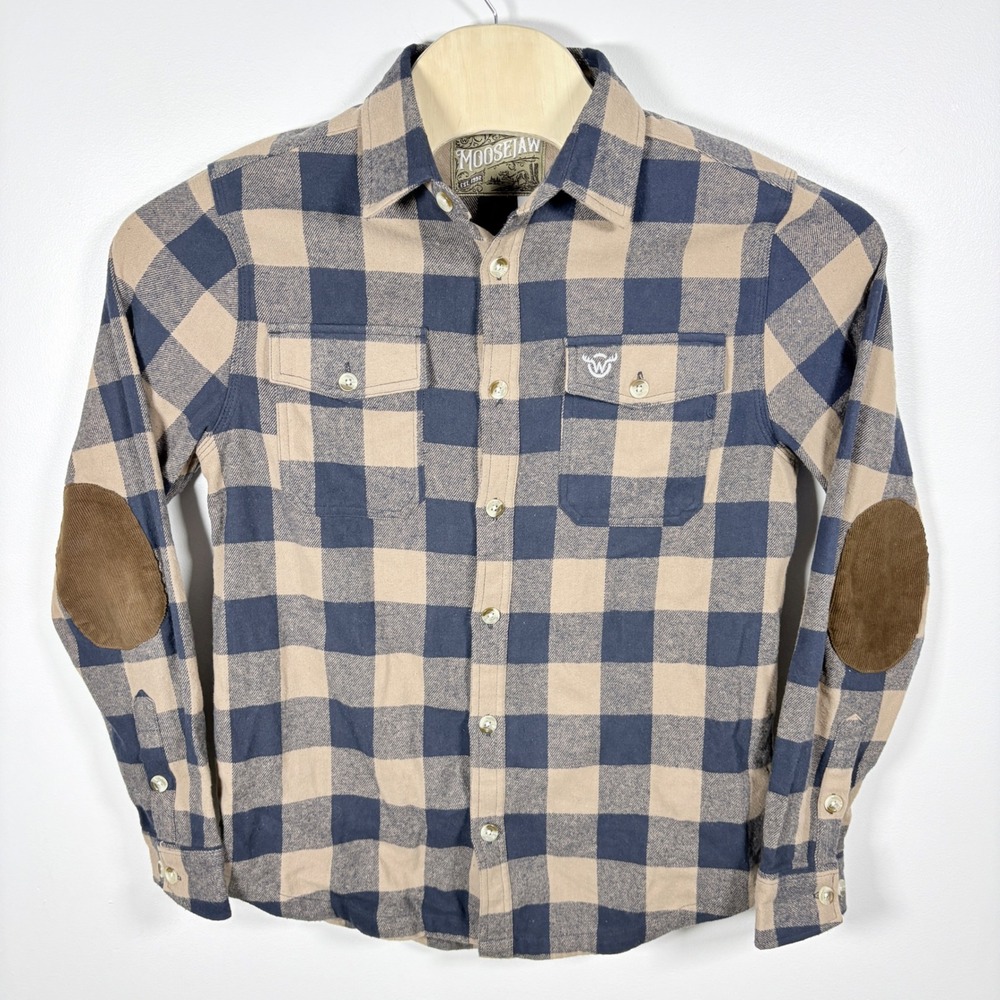 Moosejaw Mens Flannel Shirt Medium Blue Tan Buffalo Plaid Corduroy Elbow Patches